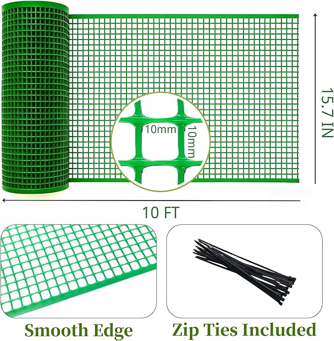 PotatoLife Plastic Wire Mesh Fence, Balcony Fence for Baby and Pets, Safety Fence, Stair Protector, Poultry, Garden, Tree Support, Durable Material, Free Zip Ties (Green, 15.7'' x 10')