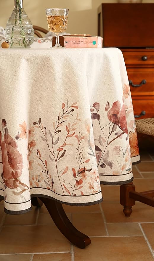 French Linen Small Round Tablecloth,Vintage Pink with Floral Pattern Wrinkle Free Tablecloths,Decor Table Cover for Kitchen,Dining,Thanksgiving,Christmas,Diameter 55"-Sloosa