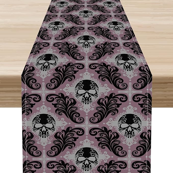 Goth Table Runner, Antique Gothic Damask Skull Baroque Style Floral Halloween Exotic Purple Coffee Vintage Table Center Decor for Kitchen and Dining Outdoor Country Party Table Decorations, 13"x36"