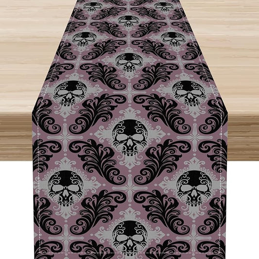 Goth Table Runner, Antique Gothic Damask Skull Baroque Style Floral Halloween Exotic Purple Coffee Vintage Table Center Decor for Kitchen and Dining Outdoor Country Party Table Decorations, 13"x108"