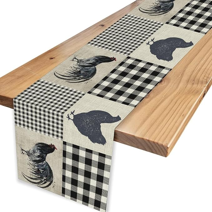 Farmhouse Rooster Table Runner, Vintage Rooster Retro Farmhouse Country Chicken Buffalo Checked Coffee Table Center Decor for Home Kitchen Dining Patio Holiday Party Table Decorations 13"x108"
