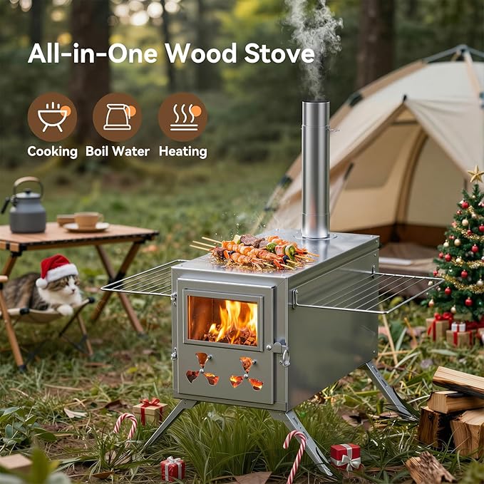 Hot Tent Stove, Camping Wood Burning Stove with 8 Stainless Chimney Pipes, Folding Portable Wood Stove for Tent, Outdoor Heating, Cooking, Ice Fishing, Hunting
