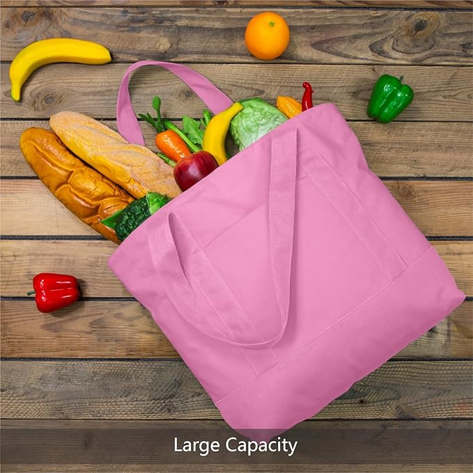 TOPDesign 1-Pack Canvas Tote Bag with an External Pocket, Reusable Grocery Shopping Bag, Top Zipper Closure, Daily Essentials (Pink)