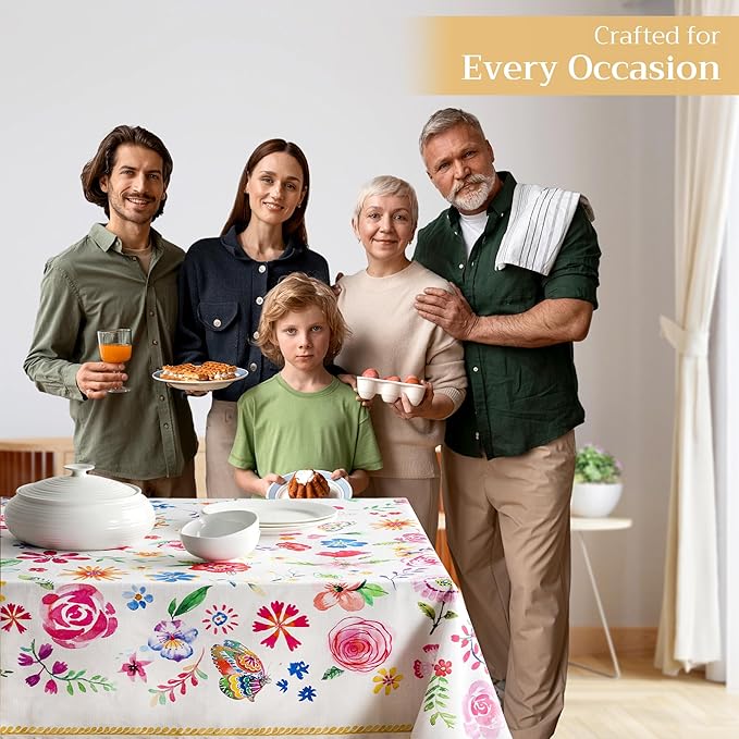 Maison d' Hermine Table Cloth Rectangle Table 100% Cotton 70 x 108 Inches Tablecloth Reusable for Dining Room, Farmhouse, Home, Party, Festive & Wedding Spring Summer - Happy Florals - Sweety