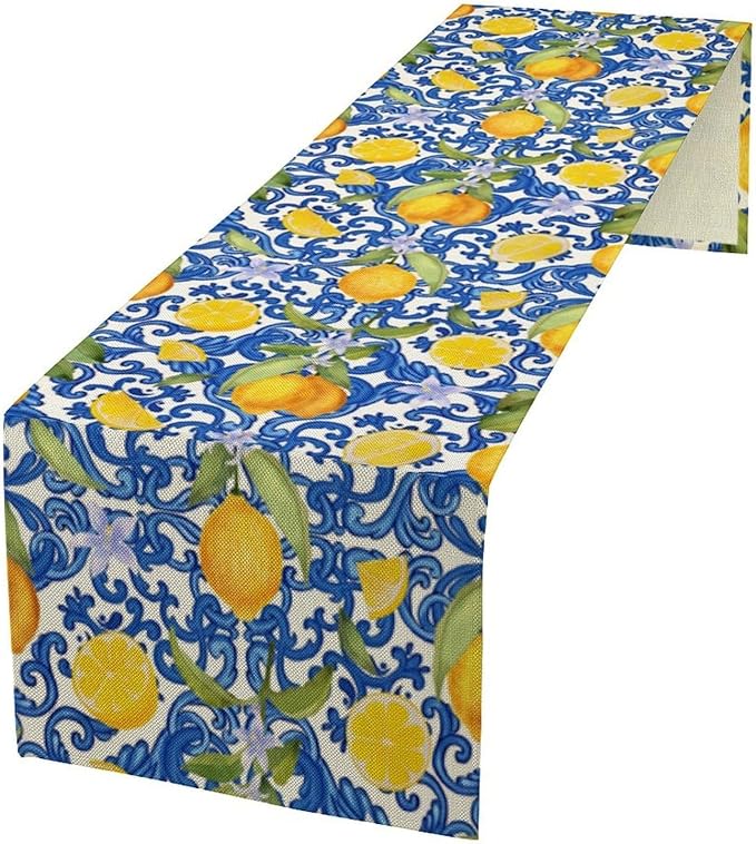 Rustic Lemon Table Runner,Vintage Morocco Blue Mediterranean Spring Summer Fruit Print Table Runner for Farmhouse Kitchen Dining Table Home Party Decor 13x36in