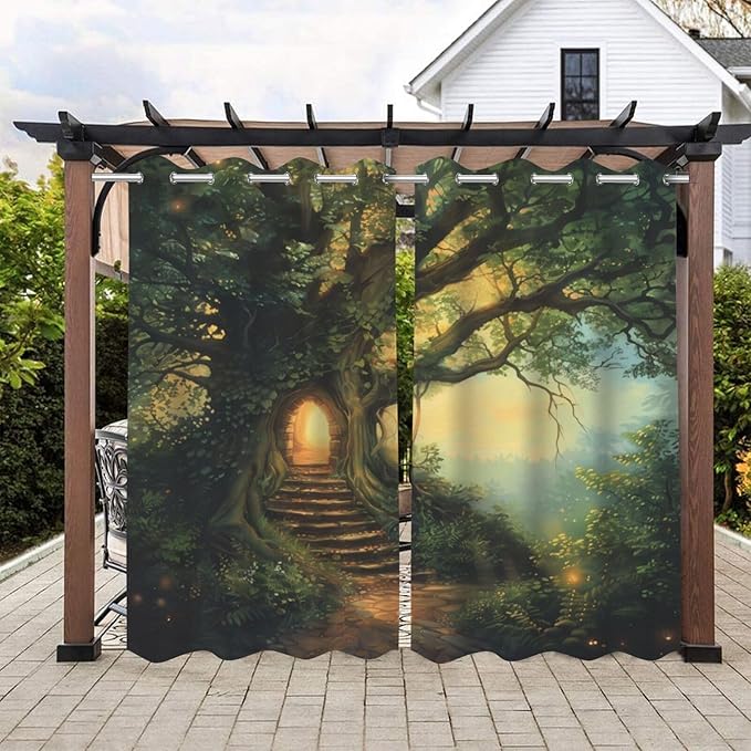 Fantasy Theme Waterproof Outdoor Curtains for Patio,Forest Pattern,Weatherproof Outside Curtain for Cabana, Porch, Pergola and Gazebo,2 Panels,36 x 84 inch,Green