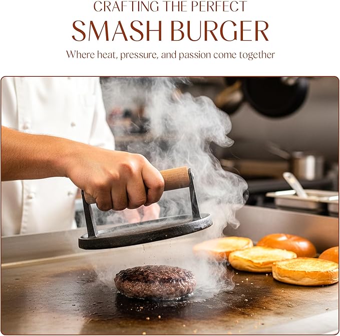 Bellemain Heavy Duty Cast Iron Smash Burger Press 7" Round Grill Press for Cooking Burgers, Bacon, Sandwiches, Steak, BBQ, Ground Beef, Meats, Sausages, and So On