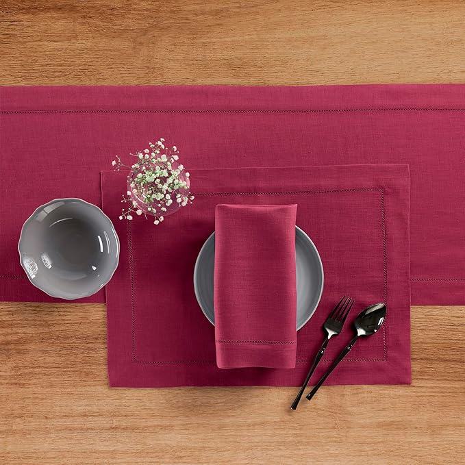 Solino Home Linen Beet Table Runner 90 Inches Long - 100% Pure Linen Hemstitch 14 x 90 Inch Table Runner for Dining, Valentines, Winter, Easter - Classic Hemstitch