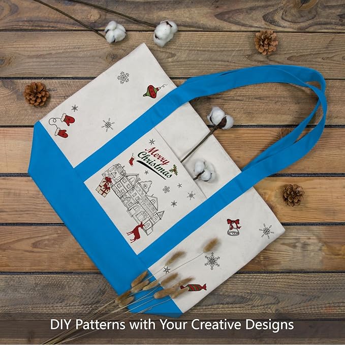 TOPDesign 1-Pack Canvas Tote Bag with an External Pocket, Reusable Grocery Shopping Bag, Top Zipper Closure, Daily Essentials (Ocean Blue/Natural)