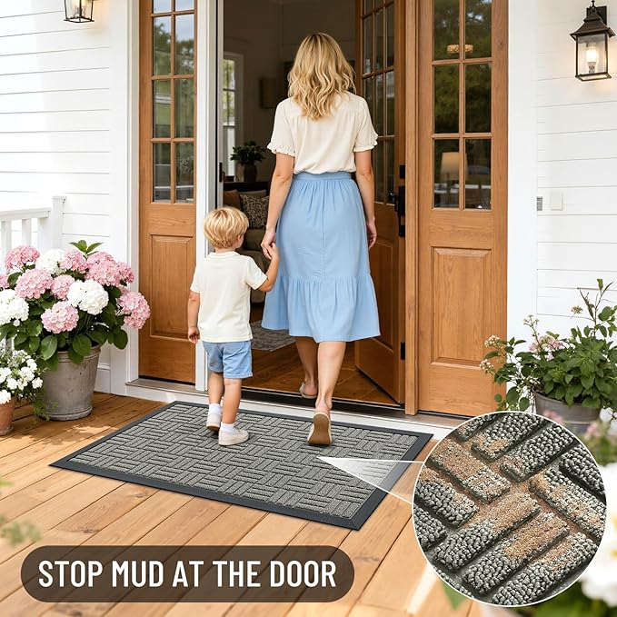 OLANLY Front Door Mat Outside Entrance 33x21, Absorbent, Heavy Duty Sturdy Natural Rubber Doormat Indoor Outdoor, Non-Slip, Stain and Fade Resistant, Low Profile Floor Mat for Entryway, Modern Gray