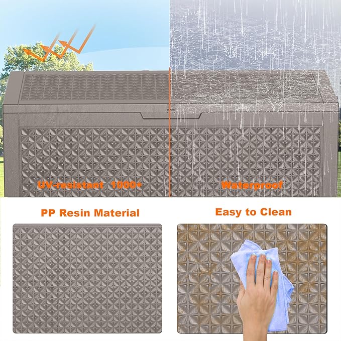 EasyUp 121 Gallon Outdoor Storage Box Waterproof, UV Resistant Resin Deck Box with Hydraulic Rod, Reinforced Stability for Patio, Garden, Quad Leaf Grey