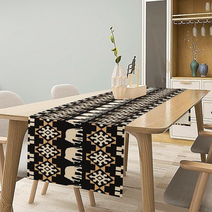 African Table Runner, African Art Elephants Geometric Tribal Ethnic Table Runner for Dining Kitchen Farmhouse Party Coffee Home 13x36in