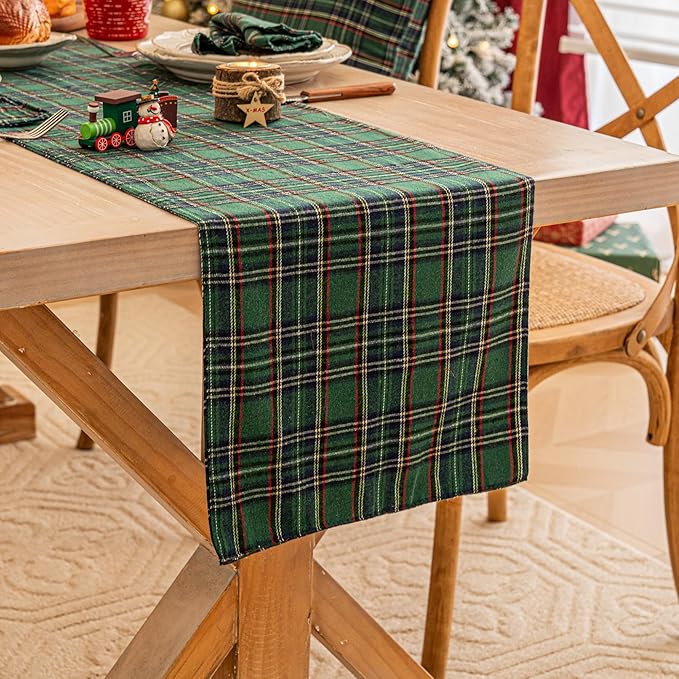 Green Blue Plaid Christmas Table Runner, Winter Holiday Table Runners 72 inches Long Xmas Decorations Indoor Outdoor Farmhouse Home Kitchen Dining Party Decor