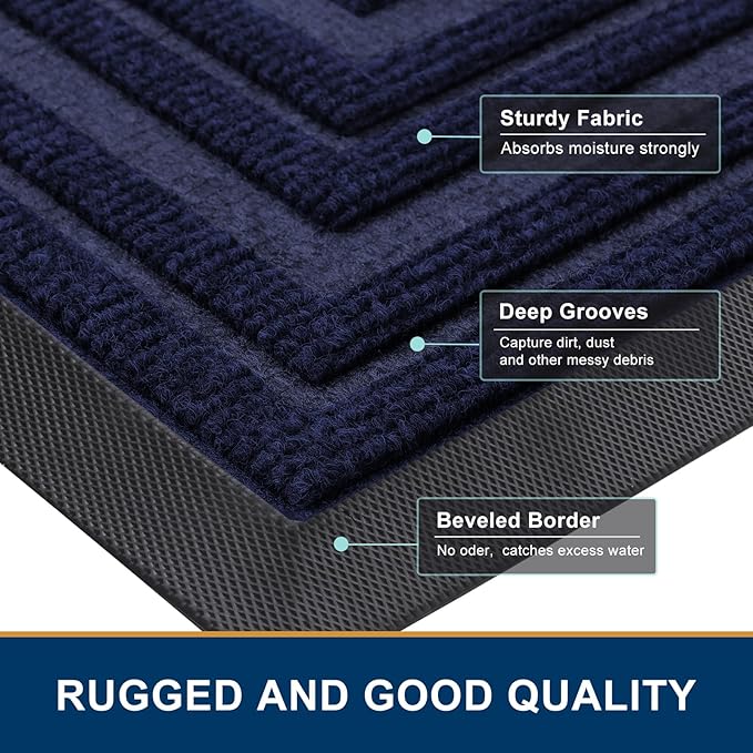 Buganda Front Door Mat Indoor Outdoor Entrance, Non-Slip Natural Rubber Doormats, Easy Clean, Low Profile, Dirt Trapper Entryway Floor Mats for Outside, Garages and Patios, 47x24, Navy