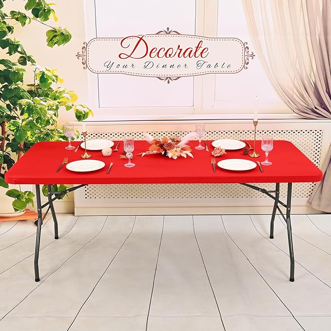 10 Pack Stretch Fabric Table Top Cap Cover, Red Table Covers fits 8Ft Tables, Washable Elastic Universal Rectangle Tablecloth Protector for Indoor Outdoor Party Picnic Wedding (30" W x 96" L)