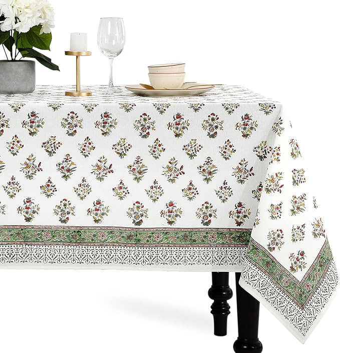 CPC Tablecloth 100% Cotton 60x90 Inch Indian Block Print Rectangle Table Cover, Washable Table Cloth for Weddings, Spring/Summer, Barbeque - Forest Green