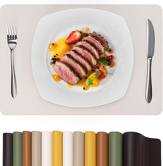 Faux Leather Placemats Set of 6 – 17x12 Inch Vinyl Table Mats, Heat Resistant, Non Slip, Wipeable & Washable, Easy to Clean Dining Table Decor for Kitchen & Dining Room （Ivory White）