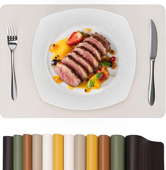 Faux Leather Placemats Set of 6 – 17x12 Inch Vinyl Table Mats, Heat Resistant, Non Slip, Wipeable & Washable, Easy to Clean Dining Table Decor for Kitchen & Dining Room （Ivory White）