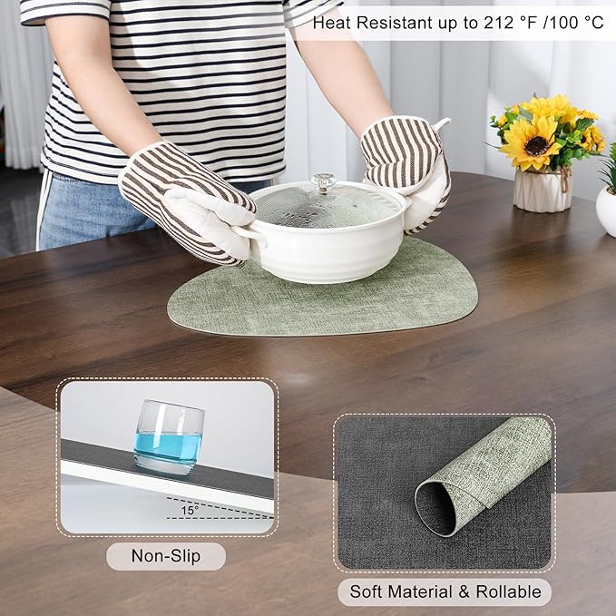 Placemats and Coasters, Washable Reversible Placemats Round Faux Leather Wipeable Place Mats Non Slip Heat Resistant Indoor Outdoor Table Mats (Set of 6, Gray Green)