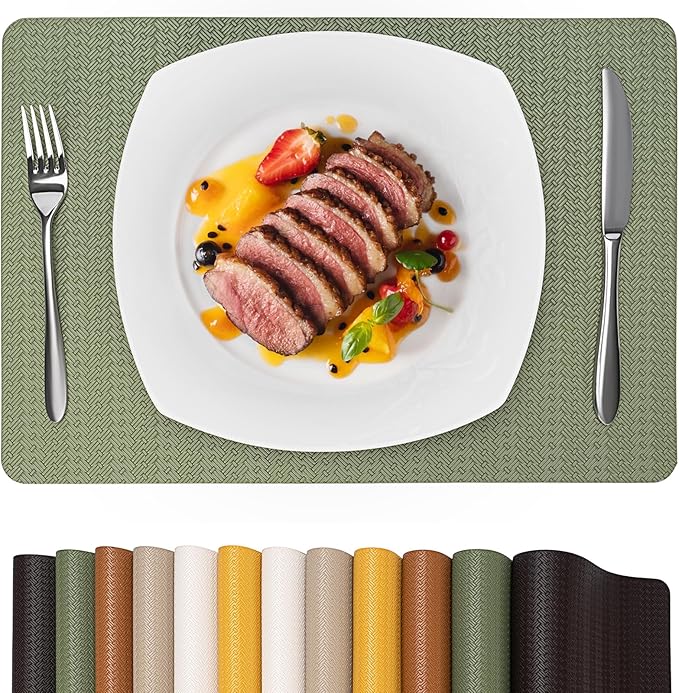 Faux Leather Placemats Set of 6 – 17x12 Inch Vinyl Table Mats, Heat Resistant, Non Slip, Wipeable & Washable, Easy to Clean Dining Table Decor for Kitchen & Dining Room（Olive Green）