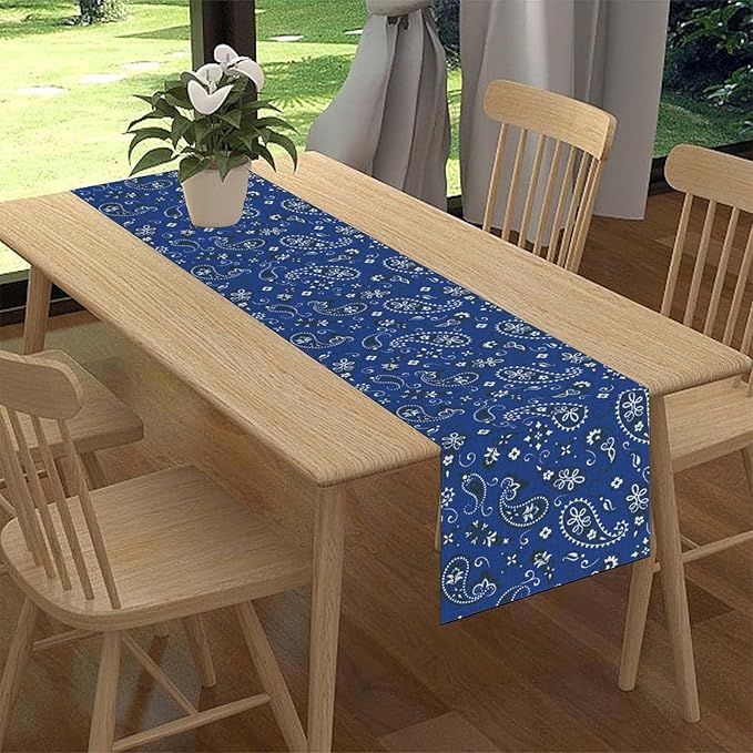 Blue Paisley Table Runner, Vintage Damask Antique Floral Flower Boho Damask Swirled Rustic Coffee Table Center Decor for Family Kitchen and Living Room Outdoor Table Decorations, 13"x36"