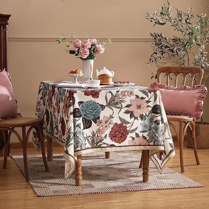 French Linen Tablecloth for Rectangle Table,Red and Blue Floral Durable Extra Long Tablecloths,Decor Table Cover for Kitchen,Dining,Thanksgiving,Farmhouse,63" × 110"-Burgundyred