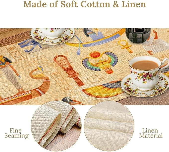Egypt Table Runner, Ancient Egyptian Mythology Gods Hieroglyphic Elements Retro Farmhouse Table Runner for Home Kitchen Dining Party Indoor Outdoor 13x108in
