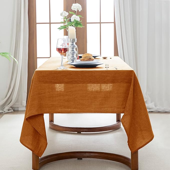 EVERLY 100% Pure Linen Rectangle Tablecloths 60x84Inches for Dining,Buffet Parties,Picnic,Events,Weddings and Restaurants,Decorative Halloween,Thanksgiving Machine Washable Tablecloths-Caramel