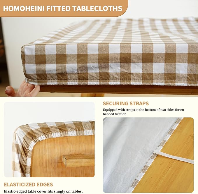 Rectangle Picnic Table Cloth, Elastic Waterproof Fitted Vinyl Tablecloths for 8 Foot Tables, Wipeable Flannel Backed Table Covers for Dining, Camping, Outdoor(Khaki Plaid,30"x96")