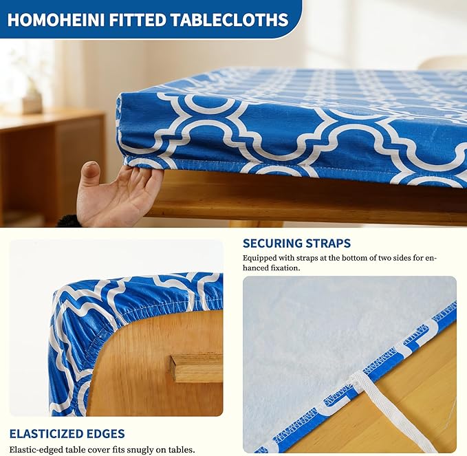 Rectangle Picnic Table Cloth, Elastic Waterproof Fitted Vinyl Tablecloths for 5 Foot Tables, Wipeable Flannel Backed Table Covers for Dining, Camping, Outdoor(Blue,36"x60")