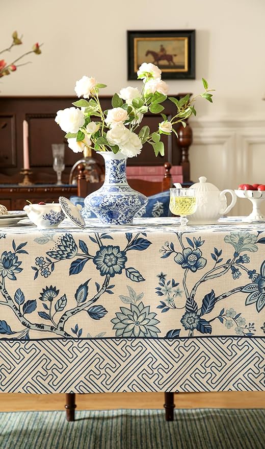 Vintage Blue and White Extra Long Rectangle Tablecloth,French Linen Floral Wrinkle Free Tablecloths,Decor Table Cover for Kitchen,Dining,Party,Thanksgiving,Christmas,63"*110"-Suqing