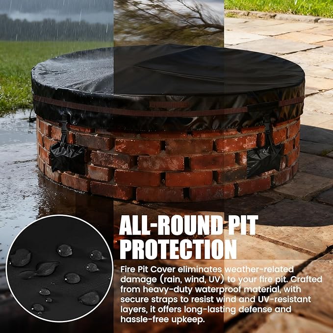 Outdoor Round Fire Pit Cover 66x9.5" Waterproof Tear-Resistant 600D Oxford PU Coated for 61–66" Built-In or In-Ground Stone Fire Pits, Heavy Duty All-Season Protection for Outdoor Fireplaces