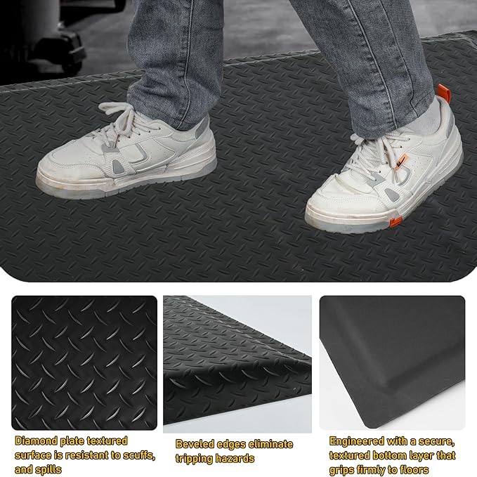 Nisorpa Anti Fatigue Mats Industrial 3' x 6' Ergonomic Standing Mat 15/16" Extra Thick Kitchen Mat for Standing Heavy Duty Commercial Diamond Plate Border Safety Support for Leg & Back Pain, Black