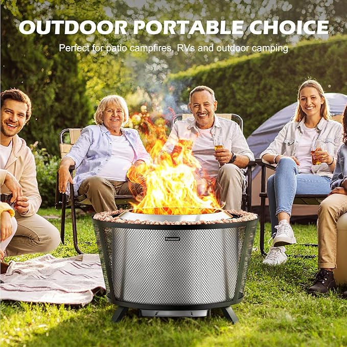 29” Large Capacity Smokeless Fire Pit for Outside,Heavy‑Duty Wood Burning Firepit with Dual‑Wall Design, Mesh Shield, Pull‑Out Ash Pan, Stylish Patio for Backyard Gatherings