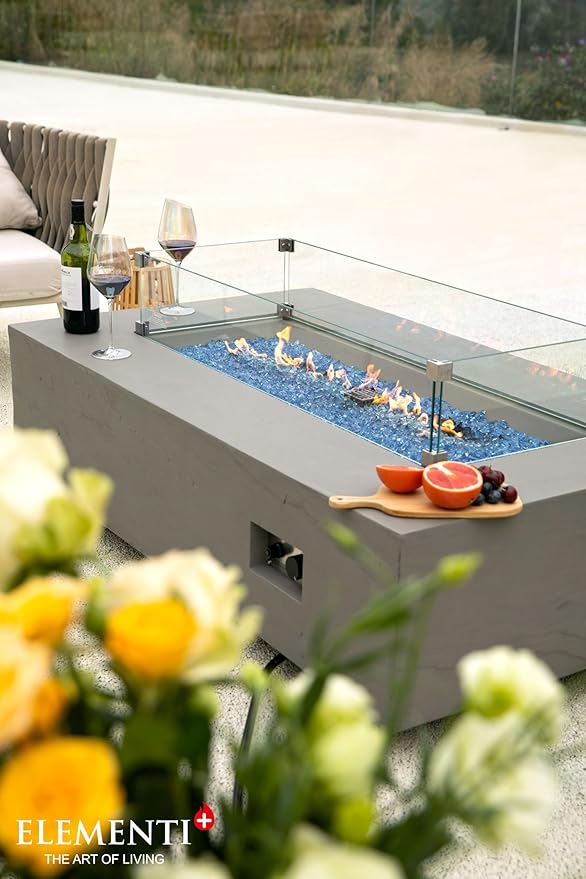 Elementi+ | Bundle Meteora Gas Fire Pit Cast Concrete 56" Rectangular Fire Table, Outdoor Fire Pit Electronic Ignition | Canvas Cover, Fire Glass and Burner Lid Included | Light Gray | Natural Gas