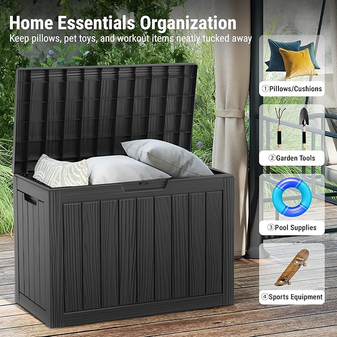 Mars Villa 45 Gallon Deck Box, Resin Outside Storage Box Waterproof for Patio Furniture Pillows, Pool Supplies, Gardening Tools, Indoor and Outdoor, Weatherproof and UV Resistant, Black