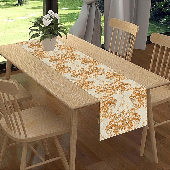 Damask Table Runner, Rustic Gold Gothic Boho Floral Flower Baroque Style Antique Vintage Retro Coffee Table Center Decor for Kitchen and Dining Outdoor Home Country Party Table Decorations, 13"x36"