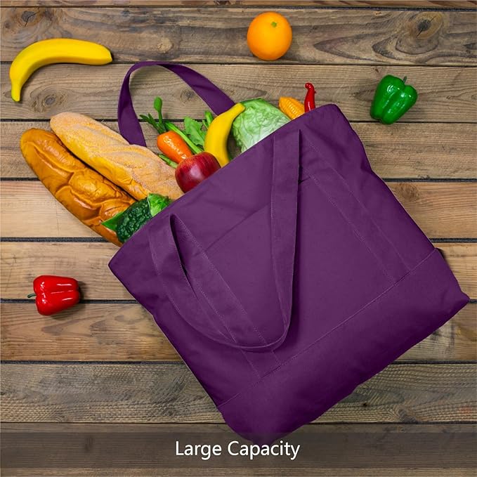 TOPDesign 1-Pack Canvas Tote Bags with an External Pocket, Reusable Grocery Shopping Bags, Top Zipper Closure, Daily Essentials (Purple)