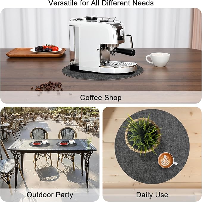 Myir JUN Round Placemats Dual Sided, Faux Leather Place Mats Set of 4 Indoor Placemat for Dining Table Outdoor Place mat Non-Slip Washable Table Mats (Gray Grass Green, Set of 4)