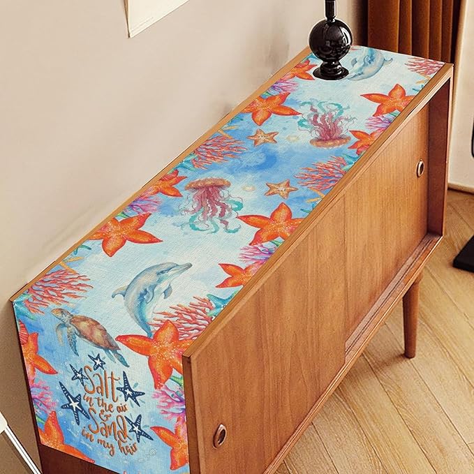 Summer Ocean Table Runner, Blue Sea Coastal Nautical Starfish Turtle Dolphin Seashell Undersea Table Runner Seasonal Holiday Home Kitchen Dining Table for Home Party Decor 13"x108"