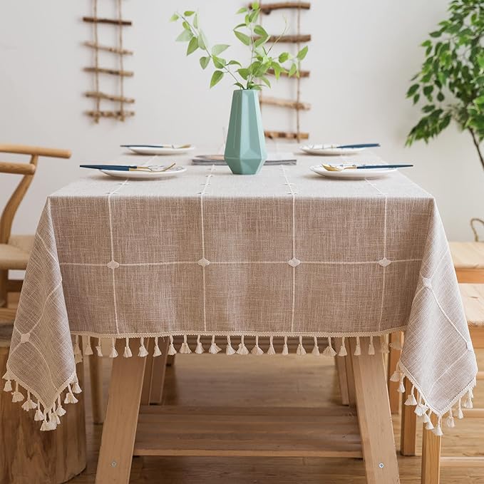 Pahajim Rustic Linen Tablecloth Cotton Rectangle Table Cloth for Kitchen Dining with Tassel Plaid Waterproof Tablecloths Square,55''x55'',4 Seats