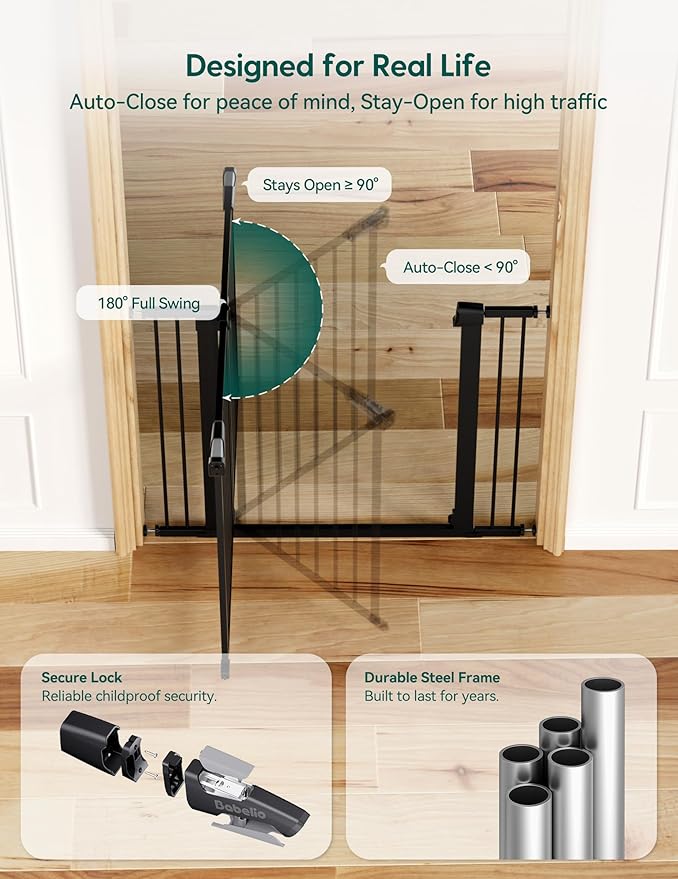 Babelio Baby Gate, 29-43" Auto-Close Easy Install Pet Gate, PressGuard P7 Extra Wide Walk Thru Child Safety Gate, 30" Tall Pressure-Mounted Metal Dog Gate for Doorways & Stairs, Black