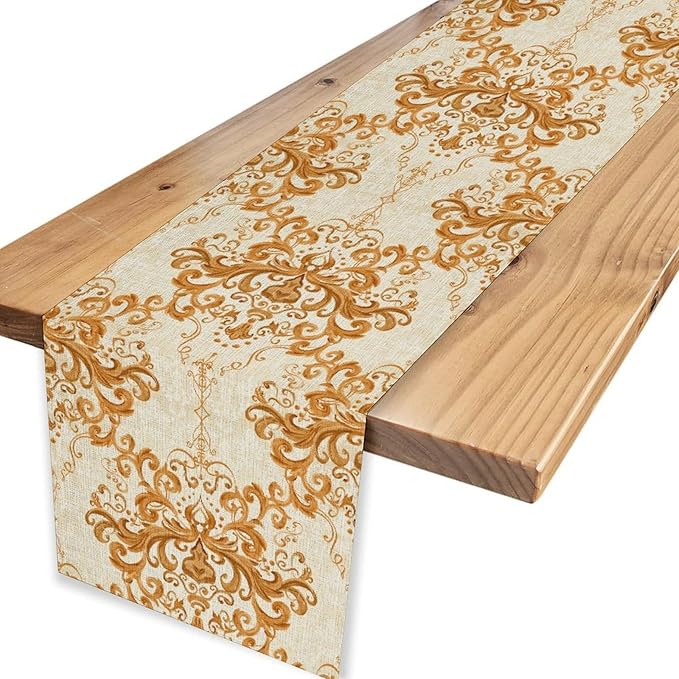 Damask Table Runner, Rustic Gold Gothic Boho Floral Flower Baroque Style Antique Vintage Retro Coffee Table Center Decor for Kitchen and Dining Outdoor Home Country Party Table Decorations, 13"x36"