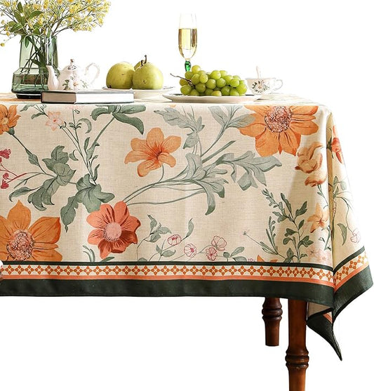 French Small Tablecloth for Rectangle Table,Linen Orange Floral Wrinkle Resistant Tablecloths,Decorative Table Cover for Kitchen,Dining,Tea Party,Thanksgiving,Christmas,55"*71"-Milch