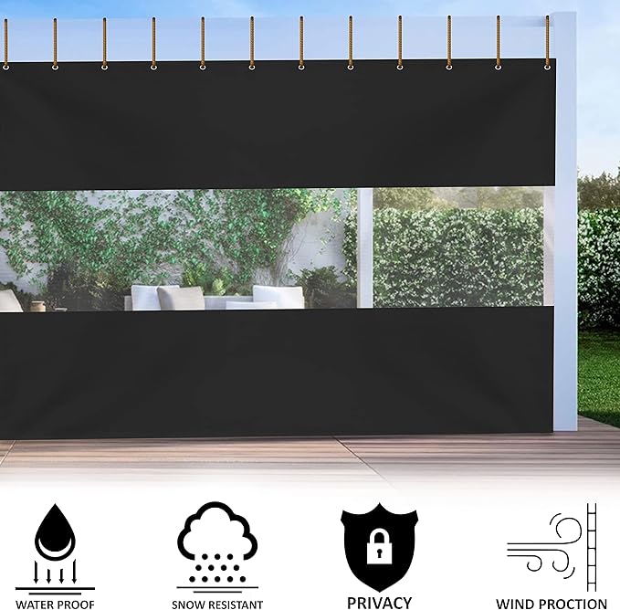 Covers & all Outdoor Clear Panel Curtain, 12 oz Vinyl Outdor Curtains for Patio, Waterproof & Weather Resistant Tarp with Brass Grommets for Pergola, Porch, Gazebos, Balcony (15' H x 9' W feet, Black)