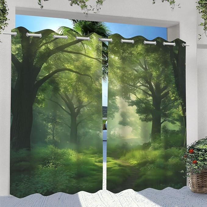 Forest Theme Waterproof Outdoor Curtains for Patio,Dawn Trees Jungle Pattern,Waterproof, Privacy, Grommet Curtains for Patio, Pergola, Porch, Deck, Lanai, Cabana,2 Panels,54 x 84 inch,Green
