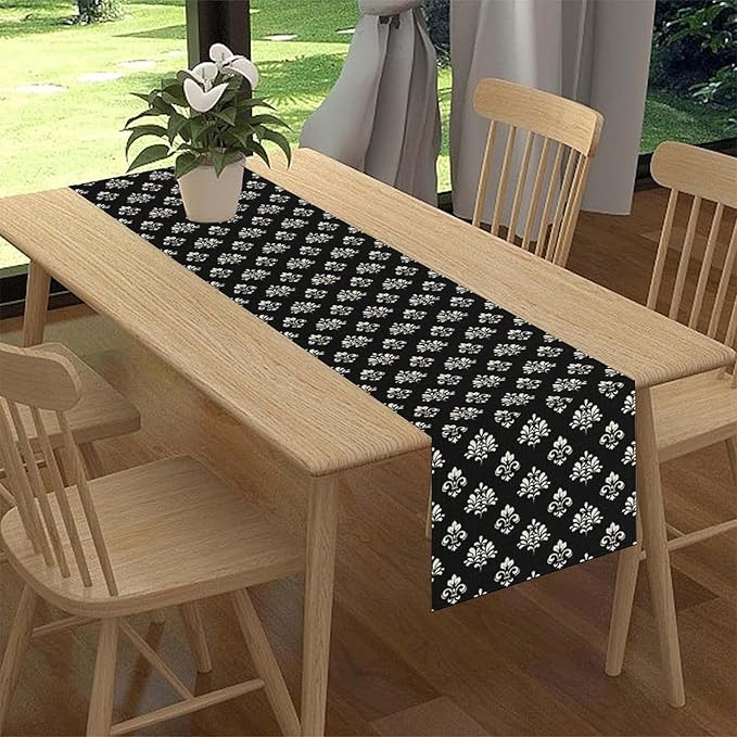 Damask Table Runner, Antique Gothic Black Floral Boho Flower Pattern Rustic Vintage Retro Coffee Table Center Decor for Kitchen and Dining Outdoor Home Country Party Table Decorations, 13"x36"