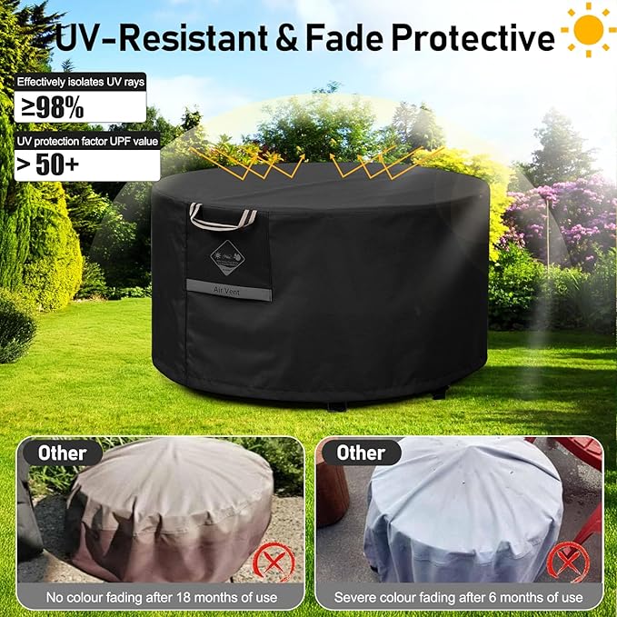 QH.HOME Fire Pit Cover Round Super Waterproof, 40inch Outdoor Round Firepit Cover 600D Strong Tear Resistant, UPF 50+ Fire Pit Covers Premium Fading Resistant for Outdoor Fire Pit - Black