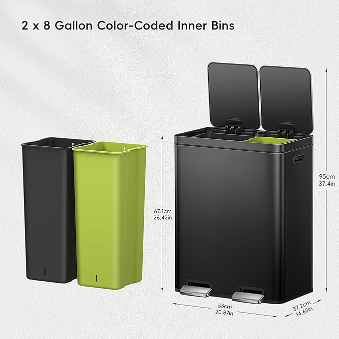 EKO Edison 8+8 Gallon Dual Trash Can for Recycling and Trash, Stainless Steel Kitchen Step Can with Dual Removable Inner Bucket, Independent Lids and Pedals, Black