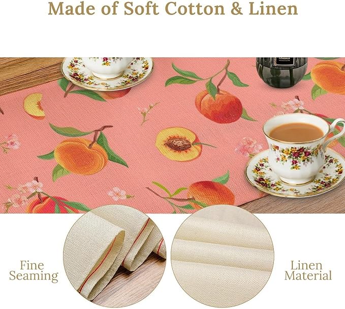 Pink Cute Peach Table Runner, Colorful Summer Fruit Floral Table Runner for Kitchen Dining Party Holiday Home 13x60in
